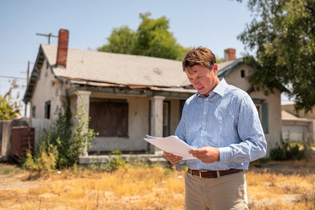 Real estate investor evaluating condemned property in California