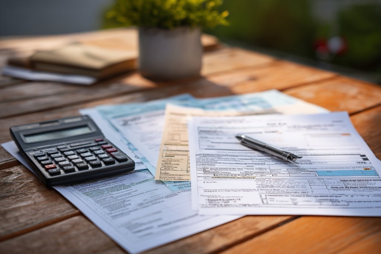 Tax documents and California property paperwork for home sale transaction