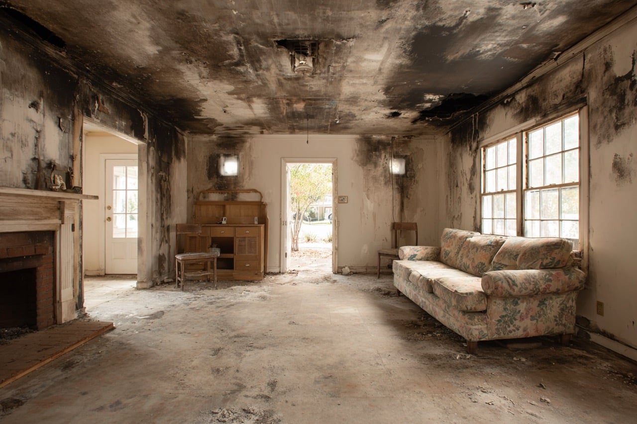 Interior of fire damaged California property with visible smoke damage