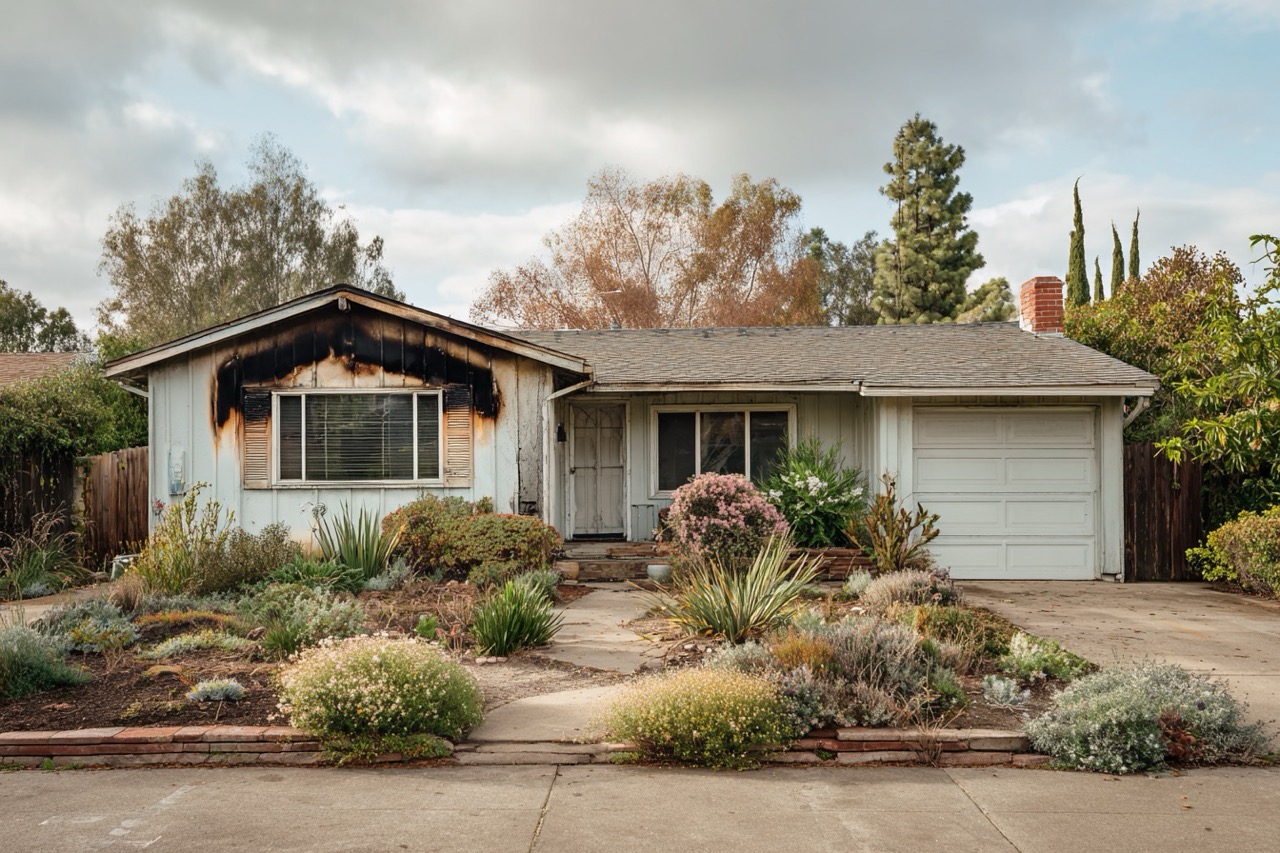 Fire damaged house exterior in California showing smoke damage