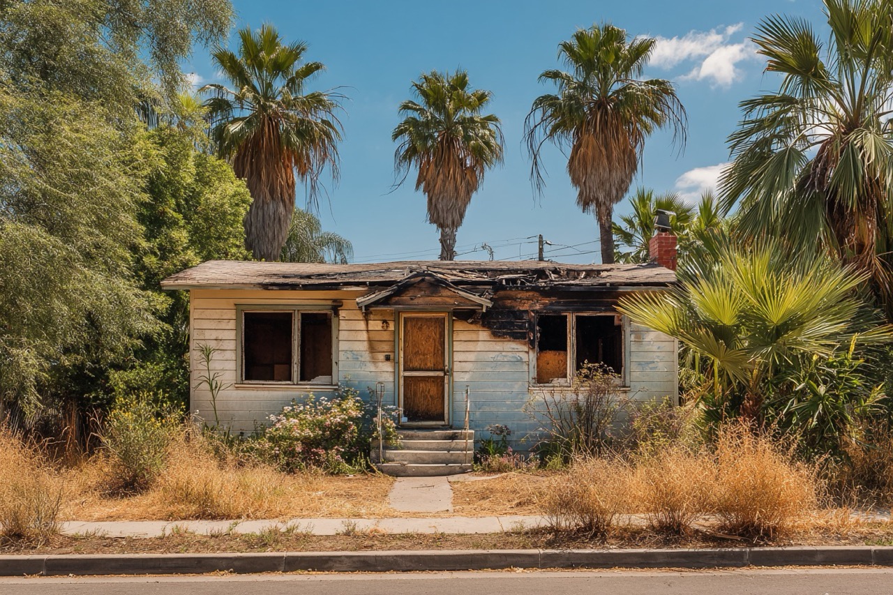 Fire damaged California house showing structural damage and repairs needed