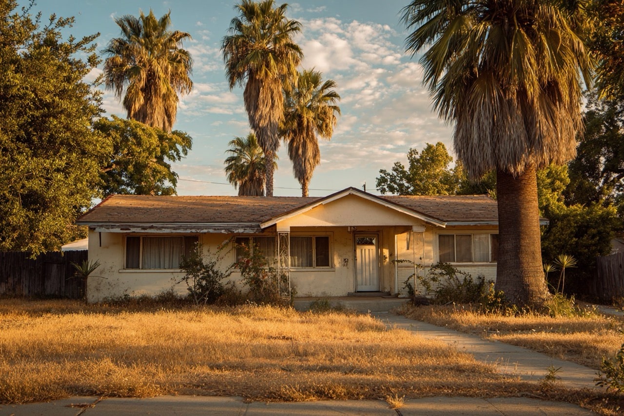Worn California home with foreclosure warning notice posted