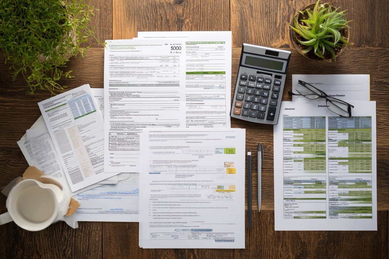 Financial documents and tax paperwork for selling rental property in California