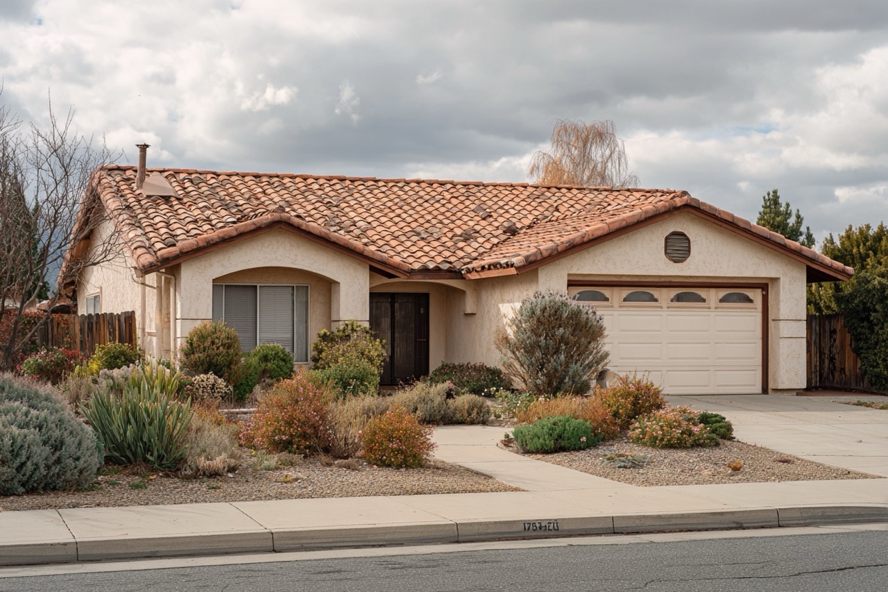 Modest California suburban home facing foreclosure with for sale sign