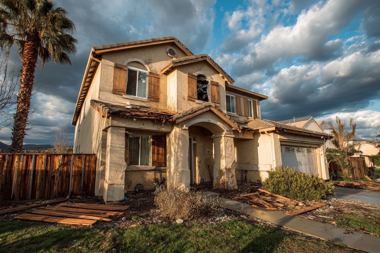 Residential home in California showing storm damage and weathering