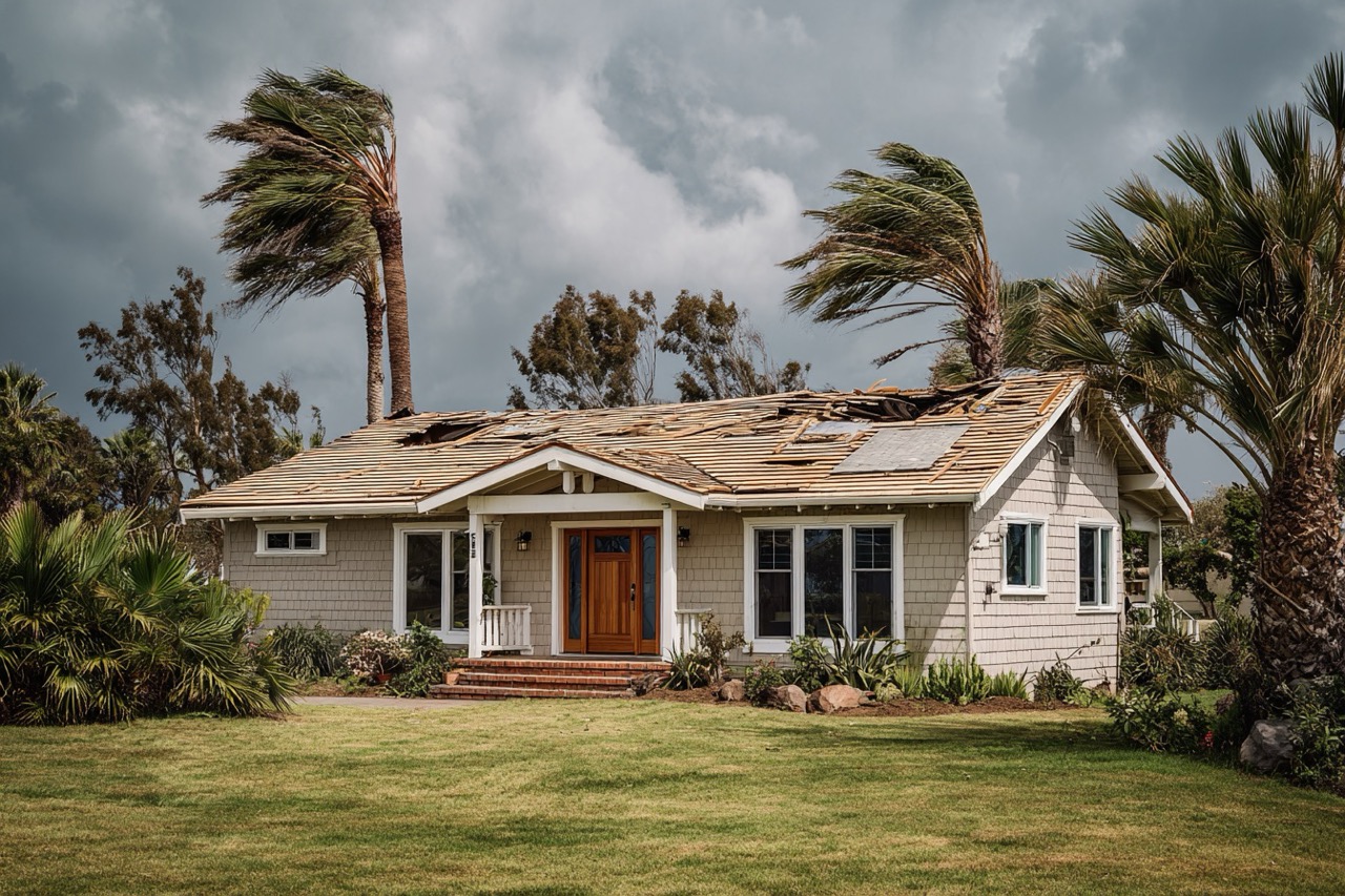 Storm damaged property in California with visible weather damage